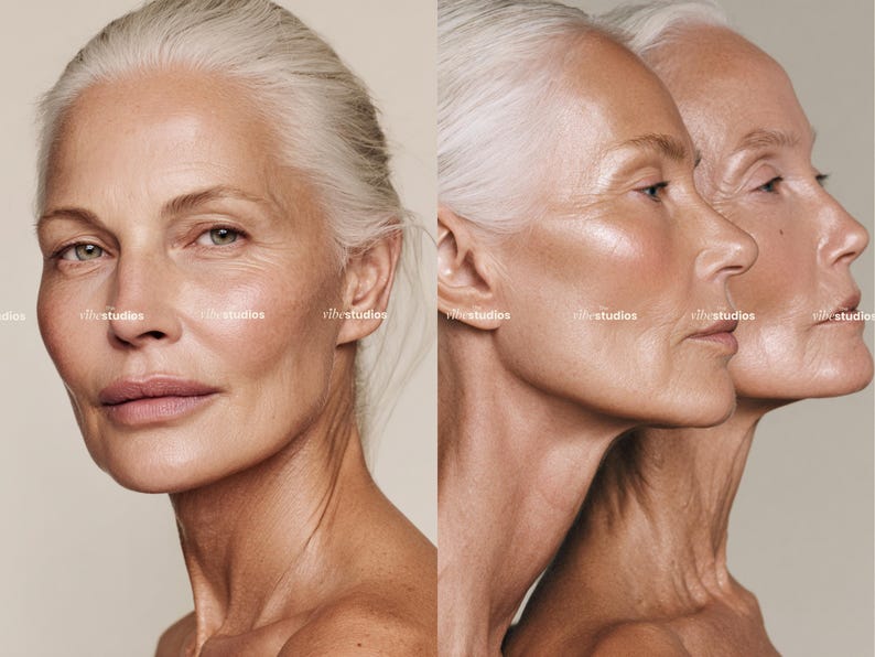 May include: A studio portrait features a woman with silver hair, showcasing her face and neck. The image is split, with one side showing a frontal view and the other a profile. The skin has a natural, aged appearance, with visible wrinkles and subtle makeup.
