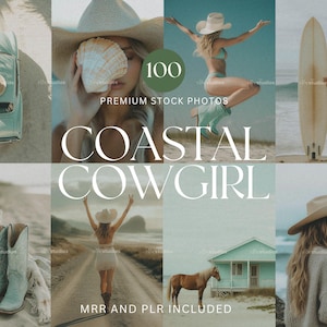 May include: A collage of images with a coastal cowgirl theme. The images include a vintage car, a woman with a seashell, a woman in a swimsuit, a surfboard, a tote bag, cowboy boots, a woman walking on a road, a horse, and a house. Text includes "100 Premium Stock Photos" and "Coastal Cowgirl".