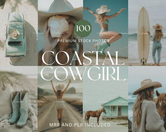 May include: A collage of images with a coastal cowgirl theme. The images include a vintage car, a woman with a seashell, a woman in a swimsuit, a surfboard, a tote bag, cowboy boots, a woman walking on a road, a horse, and a house. Text includes "100 Premium Stock Photos" and "Coastal Cowgirl".