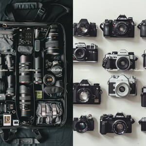 May include: A black camera bag with multiple camera lenses and bodies organized inside. The bag is open and the contents are visible. On the right side of the image, there are 12 different camera bodies and lenses arranged in rows.