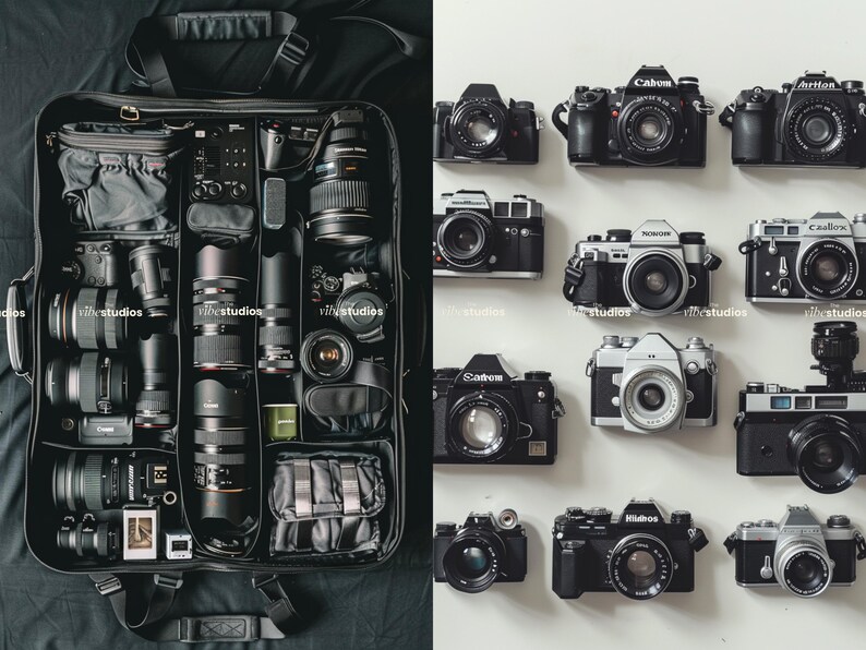 May include: A black camera bag with multiple camera lenses and bodies organized inside. The bag is open and the contents are visible. On the right side of the image, there are 12 different camera bodies and lenses arranged in rows.