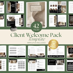 Puede incluir: Una plantilla de paquete de bienvenida para clientes de 42 páginas con un esquema de color neutro en negro, blanco y beige. La plantilla incluye páginas para precios, directrices, bienvenida, conocer al equipo, nuestra visión, conocernos, estudio de caso, gracias, preguntas, el contrato, lista de verificación, términos, calendario, etc. La plantilla está diseñada para ayudar a las empresas a dar la bienvenida a nuevos clientes y proporcionarles información valiosa.