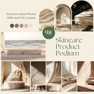 May include: A collection of 98 product podiums for showcasing skincare products. The podiums are made of various materials, including stone, wood, and fabric. The podiums are arranged in a variety of shapes and sizes, and are set against a variety of backgrounds, including beaches, forests, and studios. The podiums are perfect for showcasing skincare products in a variety of settings.
