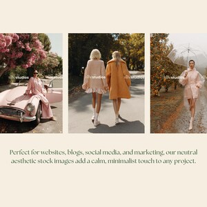 Puede incluir: Tres im&aacute;genes de estilo de vida con mujeres con atuendos elegantes. Una imagen muestra a una mujer vestida de rosa con un coche cl&aacute;sico. Otra muestra a dos mujeres caminando, y la tercera a una mujer con un paraguas.