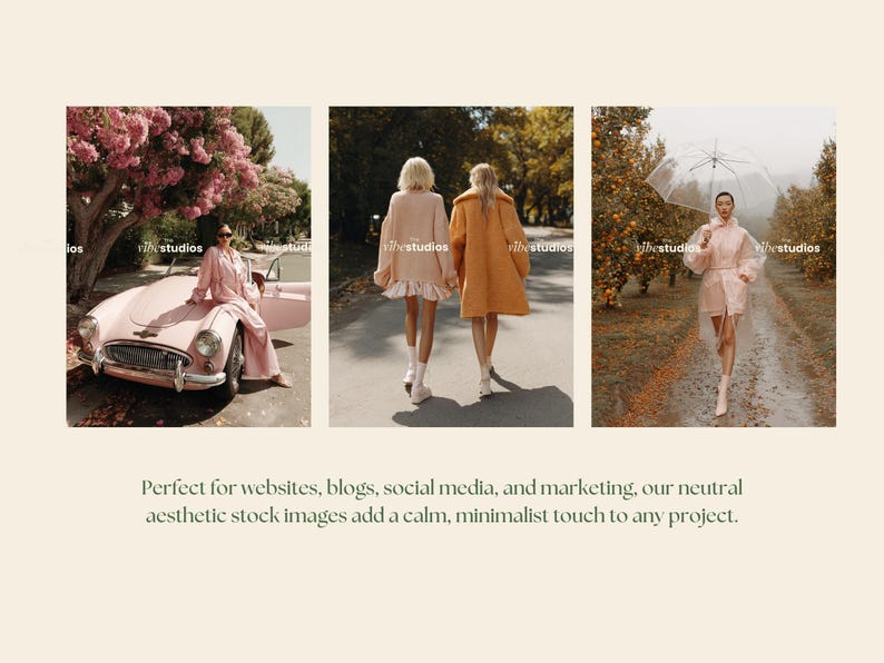 Puede incluir: Tres im&aacute;genes de estilo de vida con mujeres con atuendos elegantes. Una imagen muestra a una mujer vestida de rosa con un coche cl&aacute;sico. Otra muestra a dos mujeres caminando, y la tercera a una mujer con un paraguas.