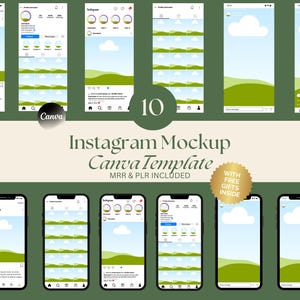 Peut inclure: Dix modèles de maquettes d'histoires Instagram avec un design de paysage vert et bleu. Les modèles présentent un nuage blanc, une colline verte et un ciel bleu. Le texte "Instagram Mockup Canva Template MRR & PLR INCLUDED" est affiché sous les maquettes. Un cercle doré avec le texte "WITH FREE GIFTS INSIDE" est affiché dans le coin inférieur droit.