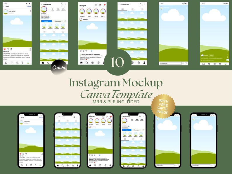 Puede incluir: Diez plantillas de maqueta de historia de Instagram con un dise&ntilde;o de paisaje verde y azul. Las plantillas presentan una nube blanca, una colina verde y un cielo azul. El texto "Instagram Mockup Canva Template MRR & PLR INCLUDED" se muestra debajo de las maquetas. Un c&iacute;rculo dorado con el texto "WITH FREE GIFTS INSIDE" se muestra en la esquina inferior derecha.