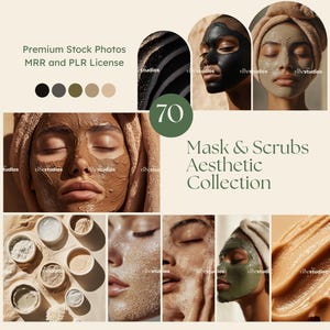 Puede incluir: Un collage de 70 imágenes que muestran diferentes mascarillas y exfoliantes faciales. Las imágenes están dispuestas en una cuadrícula y presentan diferentes tonos de piel y texturas. El texto "Mask & Scrubs Aesthetic Collection" se muestra en el centro del collage.