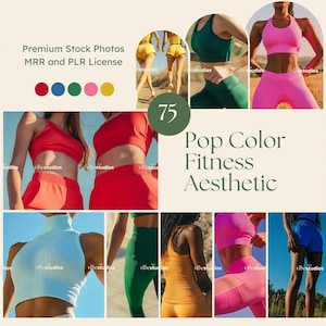 May include: A collage of images featuring people wearing colorful athletic wear in various poses. The text "Pop Color Fitness Aesthetic" is displayed in the center of the collage.