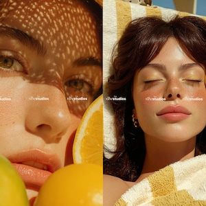 May include: A split image shows a woman's face with sunlight patterns and citrus fruits. One side features a close-up of her face with green eyes and a lemon. The other side shows her with closed eyes, holding a lemon, with a yellow and white towel.