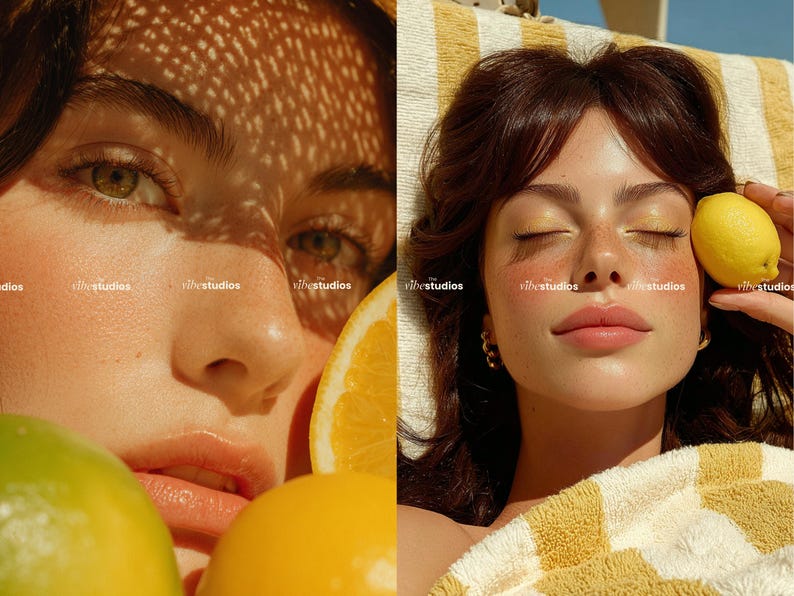 May include: A split image shows a woman's face with sunlight patterns and citrus fruits. One side features a close-up of her face with green eyes and a lemon. The other side shows her with closed eyes, holding a lemon, with a yellow and white towel.