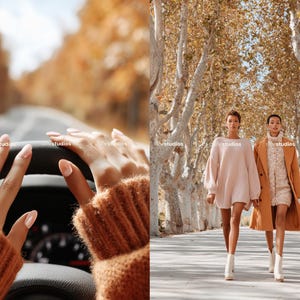 Puede incluir: Dos mujeres caminan por un camino arbolado, una con un vestido de punto rosa y botas blancas, la otra con un abrigo y vestido color beige. La imagen tambi&eacute;n muestra manos en un volante, con un su&eacute;ter marr&oacute;n.