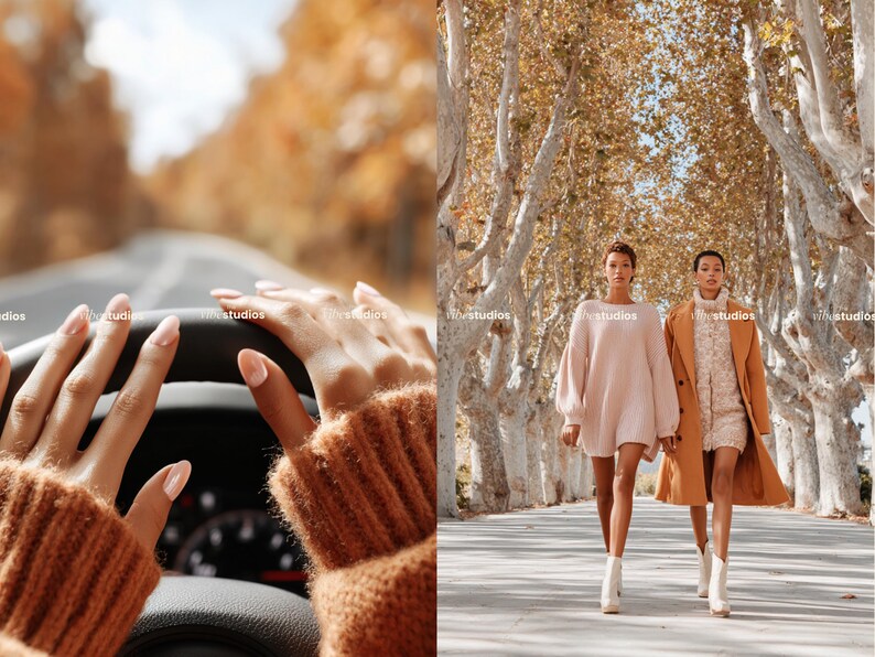 Puede incluir: Dos mujeres caminan por un camino arbolado, una con un vestido de punto rosa y botas blancas, la otra con un abrigo y vestido color beige. La imagen tambi&eacute;n muestra manos en un volante, con un su&eacute;ter marr&oacute;n.