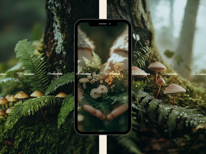 May include: A close-up of a phone screen displaying a photo of a hand holding a bouquet of white mushrooms and ferns in a forest setting. The background is blurred and green.