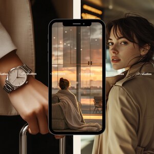 May include: A silver wristwatch with a white face and a stainless steel band. A woman in a tan trench coat and a smartphone displaying a sunset scene. The image has a warm, golden color palette, suggesting a travel or lifestyle theme.