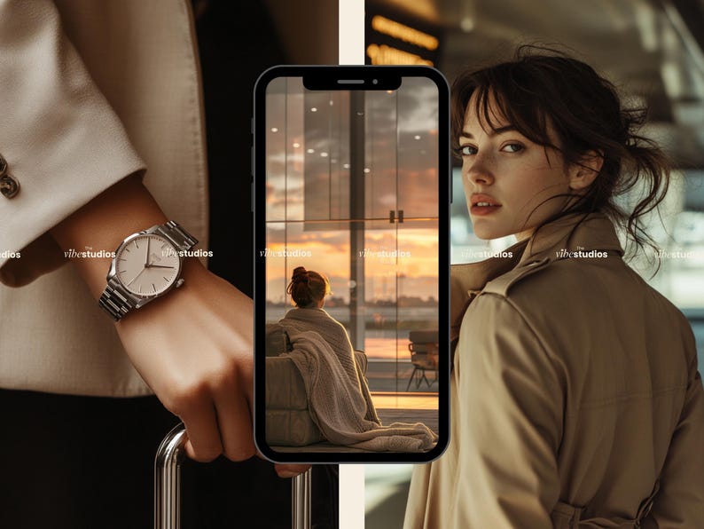 May include: A silver wristwatch with a white face and a stainless steel band. A woman in a tan trench coat and a smartphone displaying a sunset scene. The image has a warm, golden color palette, suggesting a travel or lifestyle theme.