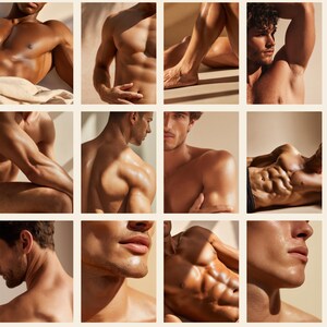 K&ouml;nnte beinhalten: Ein Raster von sechzehn Bildern mit Nahaufnahmen von Torso, Gesicht und Gliedma&szlig;en einer Person. Die Bilder haben eine warme, neutrale Farbpalette, wobei der Fokus auf dem Spiel von Licht und Schatten auf der Haut liegt. Das Gesamtthema ist m&auml;nnliche Statur und K&ouml;rper&auml;sthetik.