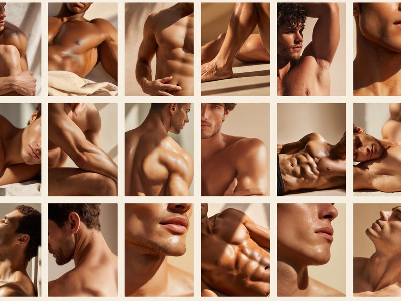 K&ouml;nnte beinhalten: Ein Raster von sechzehn Bildern mit Nahaufnahmen von Torso, Gesicht und Gliedma&szlig;en einer Person. Die Bilder haben eine warme, neutrale Farbpalette, wobei der Fokus auf dem Spiel von Licht und Schatten auf der Haut liegt. Das Gesamtthema ist m&auml;nnliche Statur und K&ouml;rper&auml;sthetik.