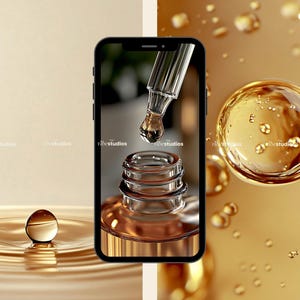 May include: A close-up of a smartphone displaying a dropper bottle with a golden liquid. The liquid is dripping from the dropper into the bottle. The background is a blurred image of golden liquid droplets.