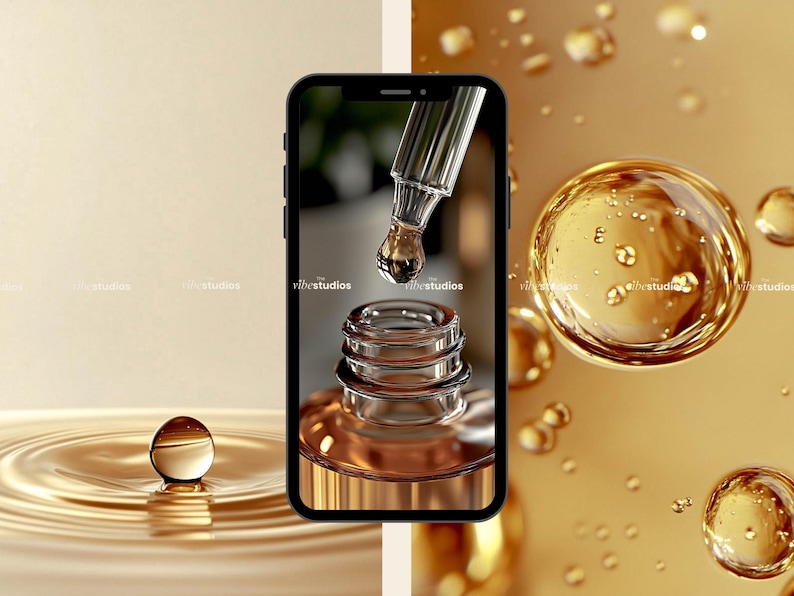 May include: A close-up of a smartphone displaying a dropper bottle with a golden liquid. The liquid is dripping from the dropper into the bottle. The background is a blurred image of golden liquid droplets.