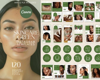 Skincare Instagram Templates Canva Posts Stories and Highlight Covers for Beauty Brands MRR PLR Green Aesthetic Social Media Kit Esthetician
