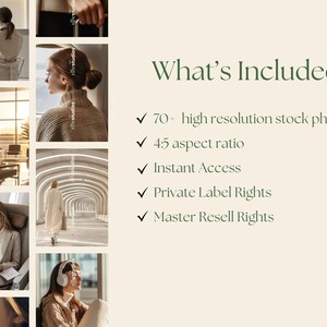May include: A collage of lifestyle images featuring women in various settings, including an airport, a plane, and an architectural tunnel. Text on the right side lists "What's Included?" with details about stock photos, aspect ratio, and rights.