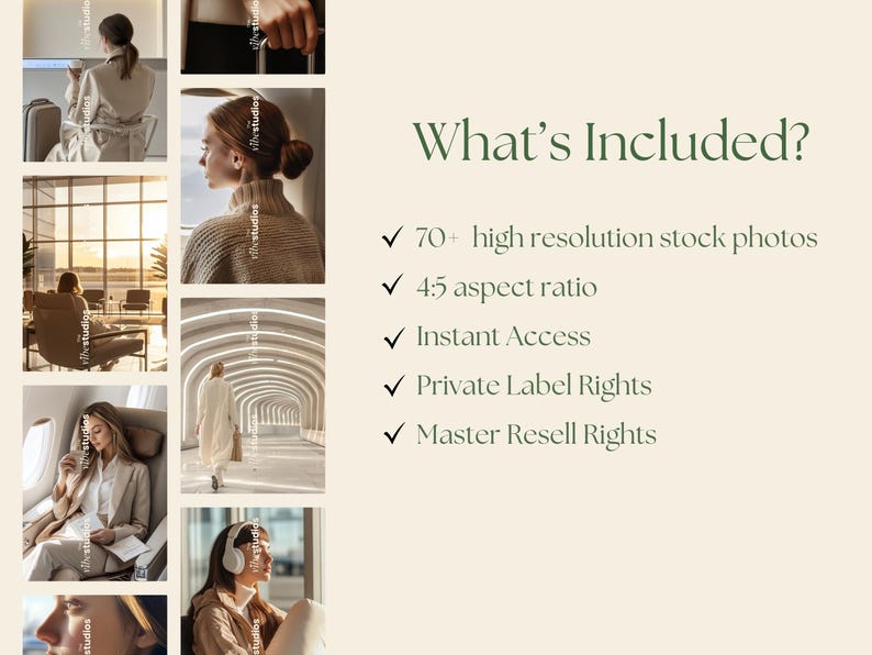 May include: A collage of lifestyle images featuring women in various settings, including an airport, a plane, and an architectural tunnel. Text on the right side lists "What's Included?" with details about stock photos, aspect ratio, and rights.