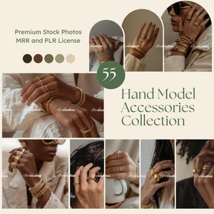 Può includere: Una collezione di 55 immagini che mostrano diversi modelli di mani con vari accessori di gioielleria in oro, tra cui anelli, braccialetti e collane. Le immagini sono disposte in una griglia con uno sfondo verde e il testo "Collezione di accessori per modelli di mani".