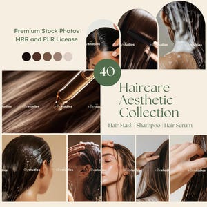 Peut inclure: Une collection de 40 photos de stock mettant en scène divers produits de soins capillaires et des mannequins avec des cheveux sains et brillants. Les images présentent des masques capillaires, des shampooings et des sérums capillaires. Le texte "Haircare Aesthetic Collection" est affiché dans un cercle vert avec les mots "Hair Mask, Shampoo, Hair Serum" en dessous.