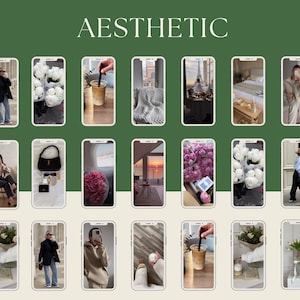 May include: A collage of 18 images showcasing various aesthetic themes. The images feature flowers, coffee, fashion, and interior design elements. The word "AESTHETIC" is displayed in a bold, sans-serif font at the top of the collage.