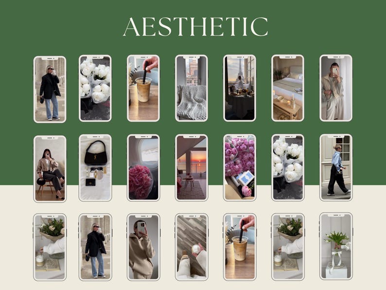 May include: A collage of 18 images showcasing various aesthetic themes. The images feature flowers, coffee, fashion, and interior design elements. The word "AESTHETIC" is displayed in a bold, sans-serif font at the top of the collage.