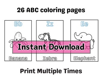 Afdrukbaar alfabet kleurboek, 26 schattige pagina's, Homeschool ABC werkbladen, kleuterschool kleuren, ABC baby shower spel, Instant Download