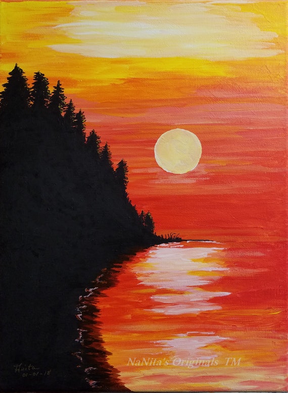 Prix De Vente Coucher De Soleil Peinture Acrylique Toile Tendue 12x16