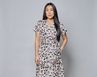 Pink print wrap dress with belt and pockets/ Women's linen dress with short sleeves/ Liesl spring midi dress