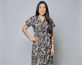 Leopard linen wrap dress with sleeves and pockets/ Liesl dress