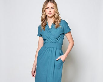 Short sleeve bamboo rib dress with cross over neckline and pockets/ Thea dress in blue