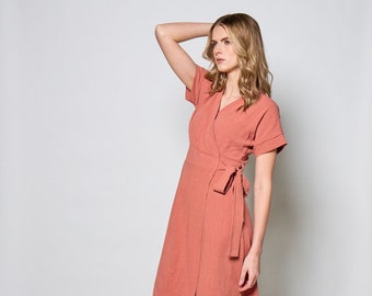 Linen wrap dress with pockets and bel in coral/ Maura dress