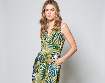 Sleeveless crossover dress with pleated skirt and pockets/ Danika dress in green tropical print