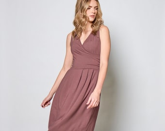 Sleeveless crossover dress with pleated skirt and pockets/ Danika dress in plum, lipstick or fiji