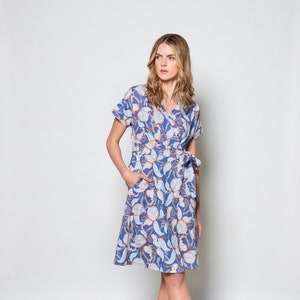 knee length linen wrap dress with pockets and belt.