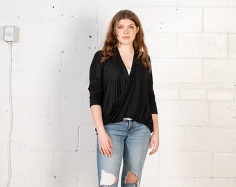 Twisted top with long sleeves in black made in eco friendly Tencel modal/ Laurel cardigan