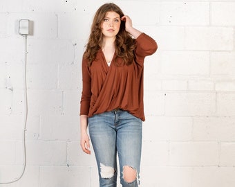 Twisted top with long sleeves in pecan made in eco friendly Tencel modal/ Laurel shirt