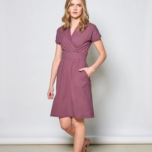 Short sleeve bamboo rib dress with cross over neckline and pockets/ Thea dress in violet image 2