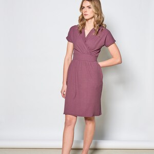 Short sleeve bamboo rib dress with cross over neckline and pockets/ Thea dress in violet image 3
