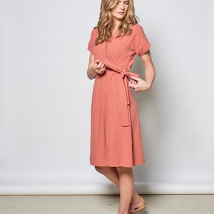 Linen wrap dress with pockets and bel in coral/ Maura dress image 3
