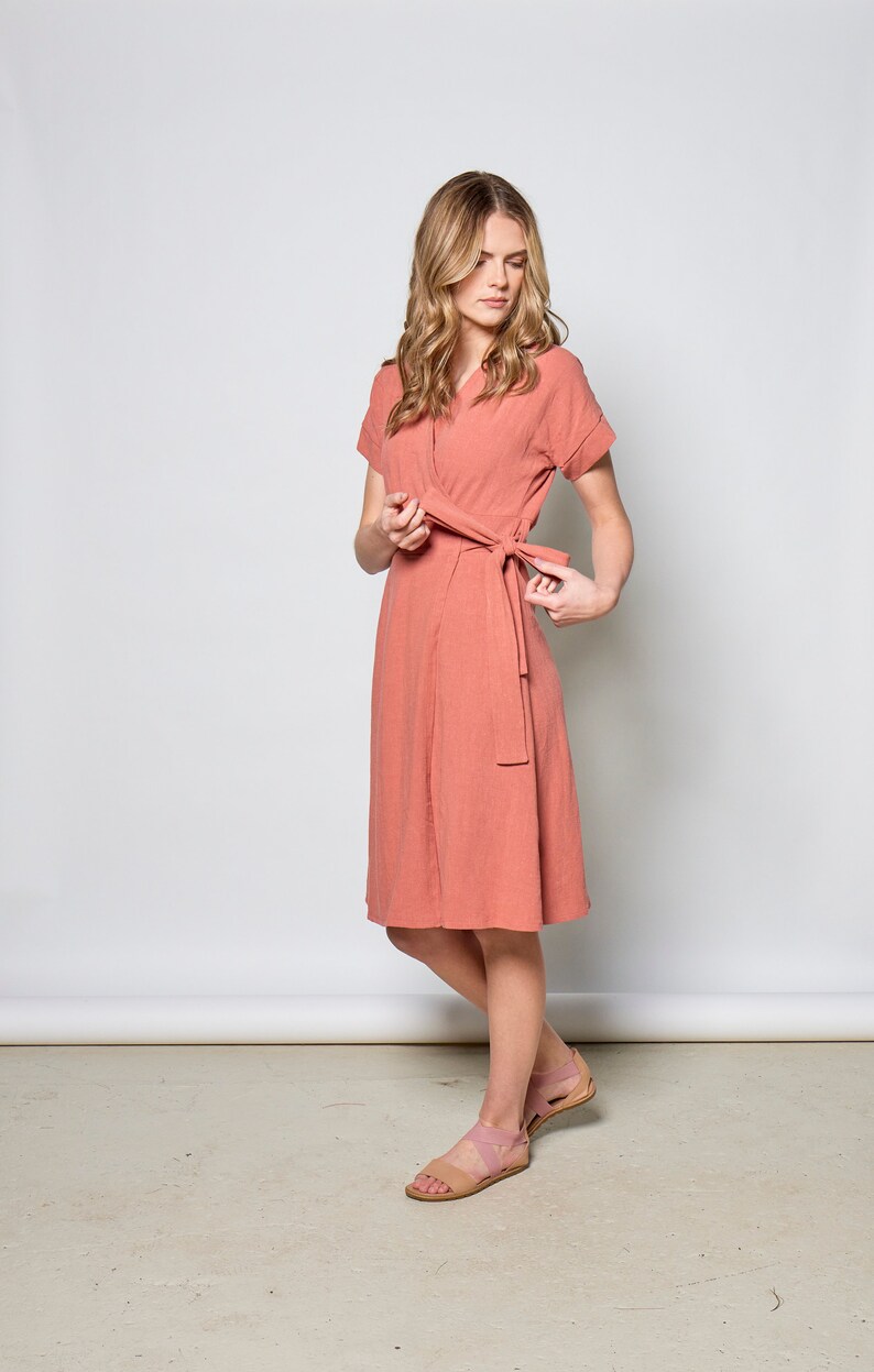 Linen wrap dress with pockets and bel in coral/ Maura dress image 3