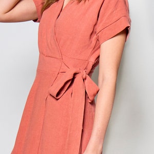Linen wrap dress with pockets and bel in coral/ Maura dress image 2