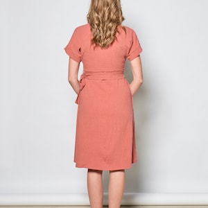 Linen wrap dress with pockets and bel in coral/ Maura dress image 5
