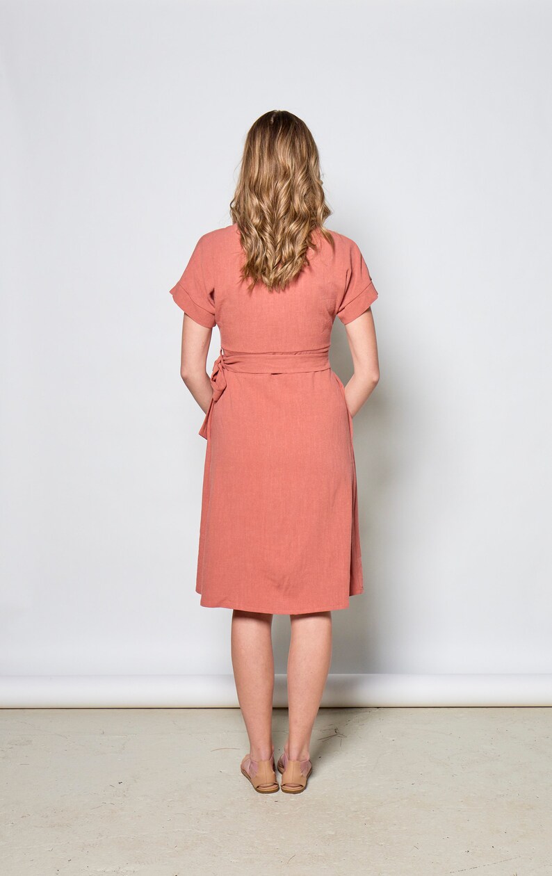 Linen wrap dress with pockets and bel in coral/ Maura dress image 5