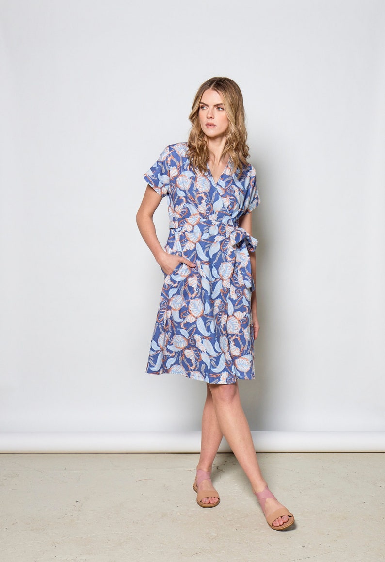 knee length linen wrap dress with pockets and belt.